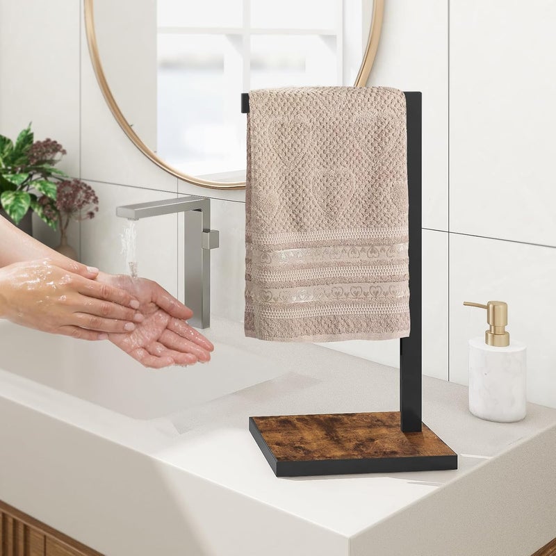 BCOZLUX Hand Towel Holder for Bathroom, Hand Towel Stand with Wood Base, L-Shape Hand Towel Rack Height 13.85'' for Vanity Countertop, Kitchen Counter, (Rustic Brown-Square Base-L Shape) - Image 2